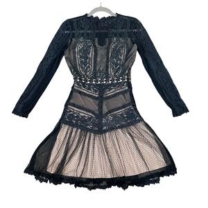 CAO Black Lace Nude Illusion Long Sleeve Fit and Flare Mini Dress Small